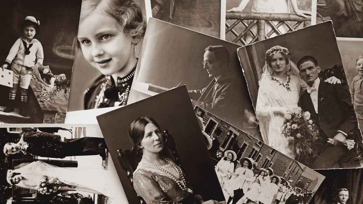 A nostalgic collection of vintage black and white family photographs, showcasing historical memories.